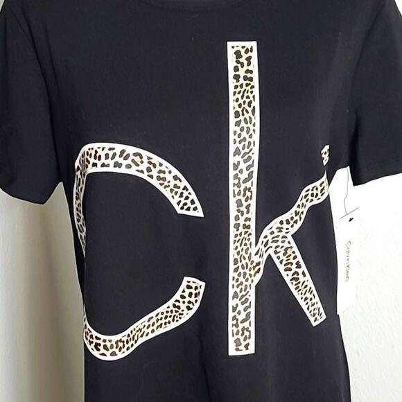 Calvin Klein Black T-Shirt Dress Leopard CK Logo on the Front, Size Large, NWT - Picture 2 of 11